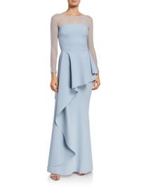 Chiara Boni La Petite Robe High-Neck Long-Sleeve Illusion Gown w  Elongated Peplum at Neiman Marcus